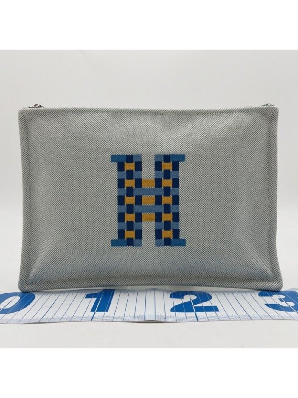 Hermes Pouch H Tissage Flat Blue Toile H Embroidery Silver